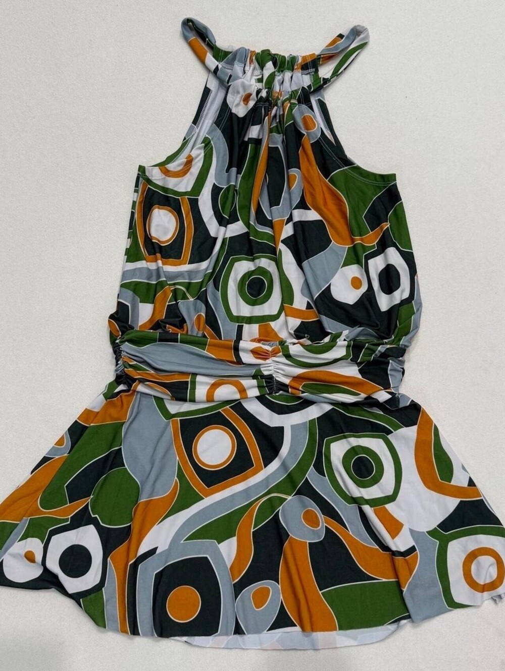 Vintage 70s Style Halter Neck Mini Dress Geometric Psychedelic Print Green Multi